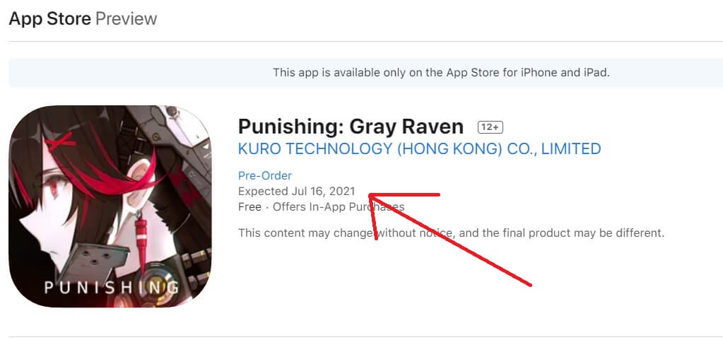 Punishing Gray Raven Appstore launch date